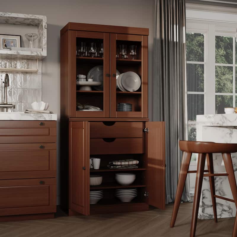 Palace Imports 100% Solid Wood Pantry Cabinet with Frosted, Clear Glass or Solid Doors, 2-Drawers and Adjustable Shelves - Mocha - Clear Glass-Solid