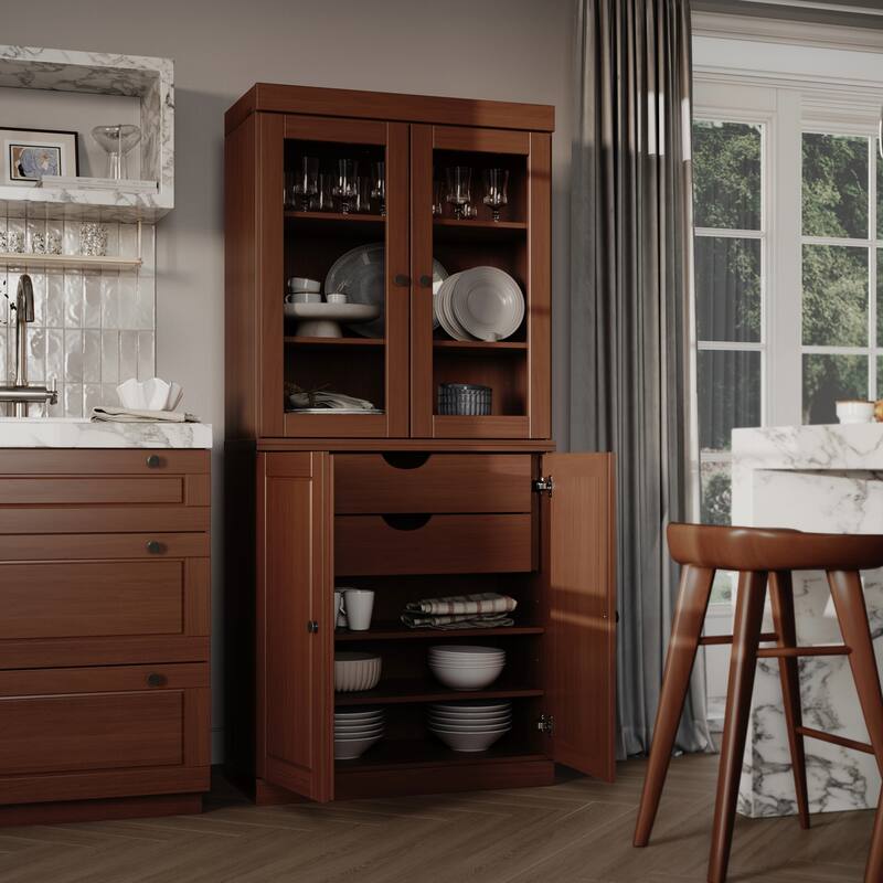 Palace Imports Solid Wood Pantry Cabinet, Raised Panel & Clear Glass Doors, 2 Drawers, Adjustable Shelves - Mocha
