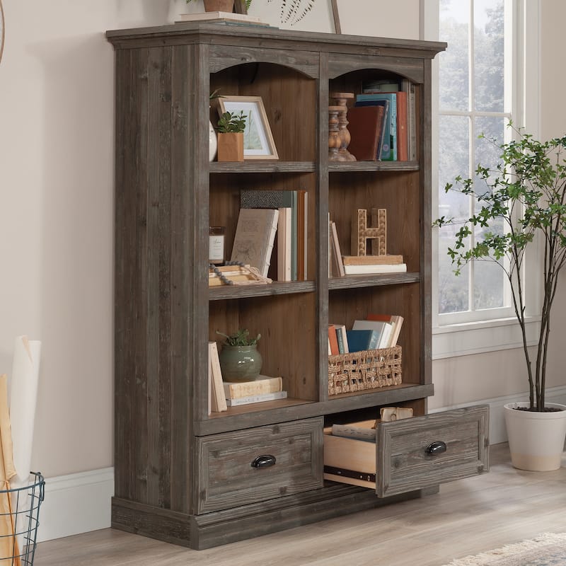 Wood Bookcase with Drawers, Brown - 46.06" W x 16.93" D x 61.30" H