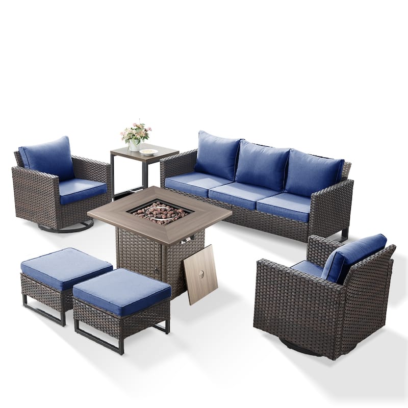 7 Pieces Fire Pit Table with Sofa Swivel Chair Ottoman Set