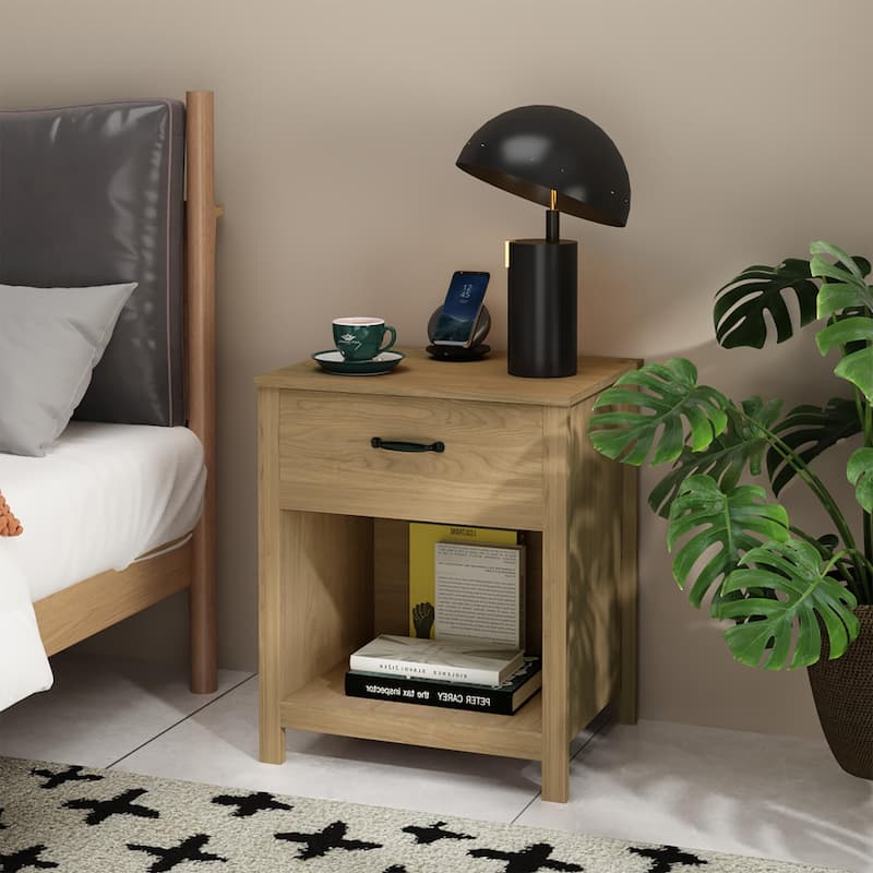 Wood Nightstand with Drawer and Open Shelf, Modern Bedside Table with Storage, Wooden End Table for Bedroom - Brown
