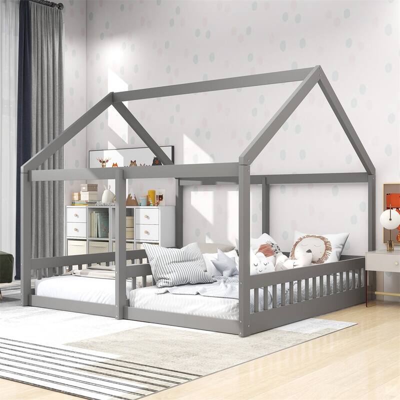 Merax Twin Size House Platform Beds, Two Shared Beds - Grey