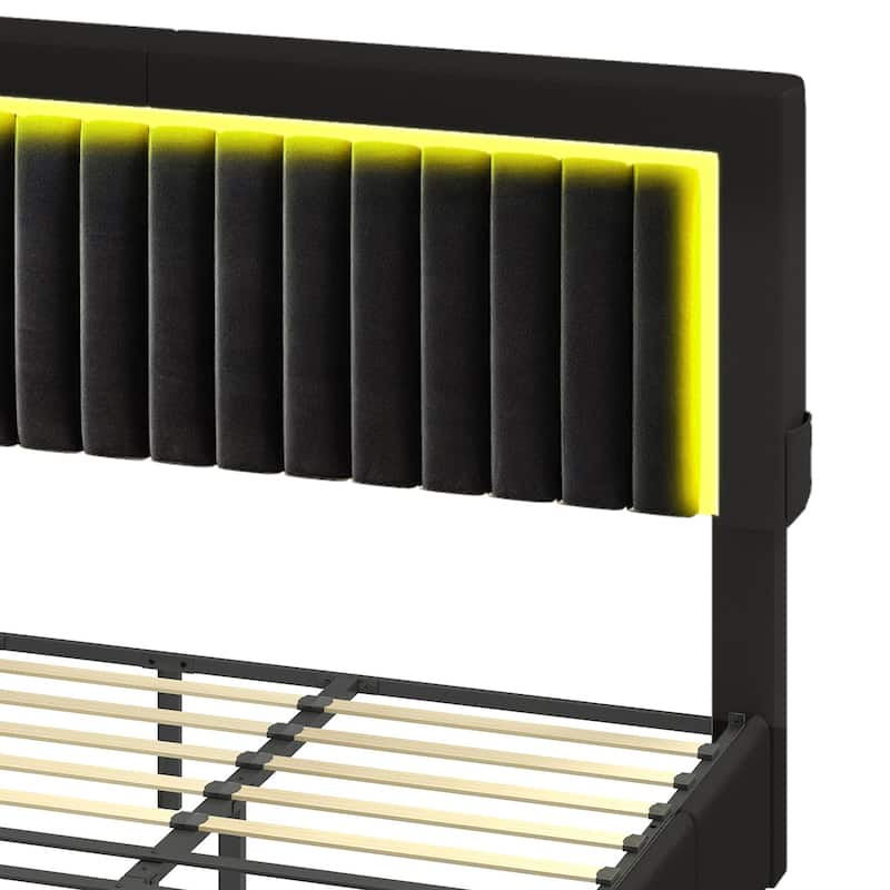 Velvet Upholstered Platform Bed Frame with Adjustable Headboard and 4 Storage Drawers & RGB LED Lights