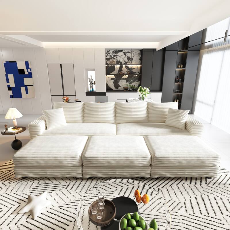 Modern Corduroy Upholstered Sectional Sofa for Living Room, Square Armrest Couch with 3 Ottomans, Convertible Lounge Chair