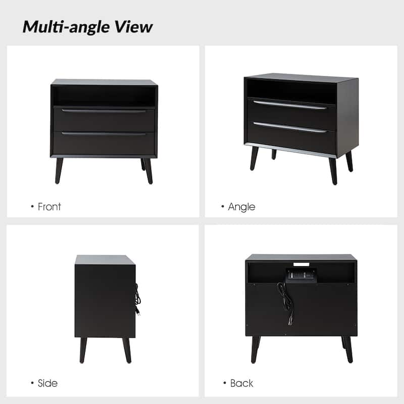Kay Mid-century Modern 2 - Drawer End Table with Built-In Outlets and USB by HULALA HOME - Black