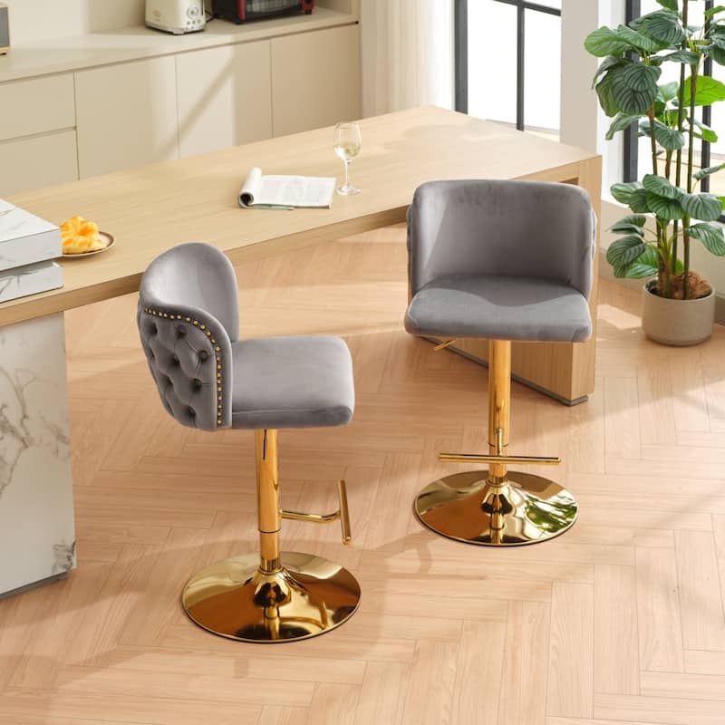 Swivel Barstools Adjusatble Seat Height With Gold-plating Base, Upholstered Bar Stools with the whole Back Tufted, Set of 2