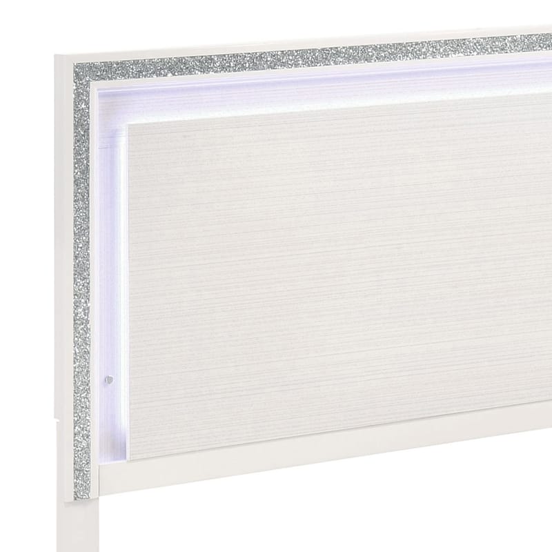 Elegant White Queen Bed with LED Headboard and Low-Profile Footboard