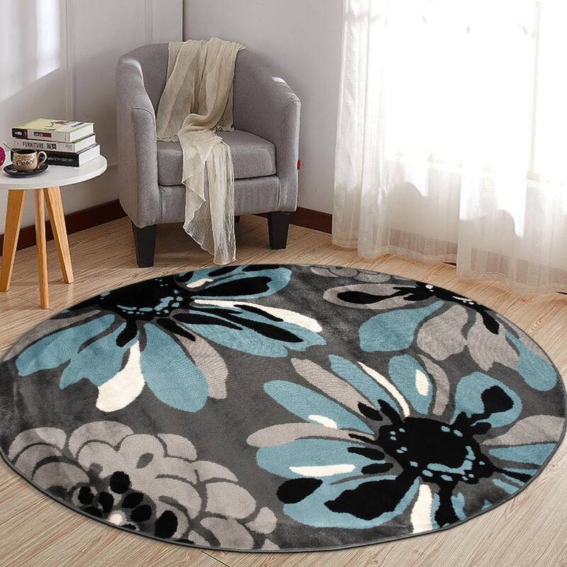 World Rug Gallery Contemporary Modern Flowers Area Rug - 6'6" Round - Blue