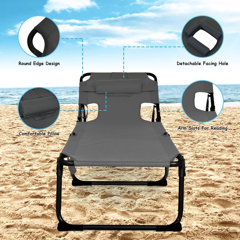 Goplus Outdoor Beach Lounge Chair Folding Chaise Lounge with Pillow - See Details