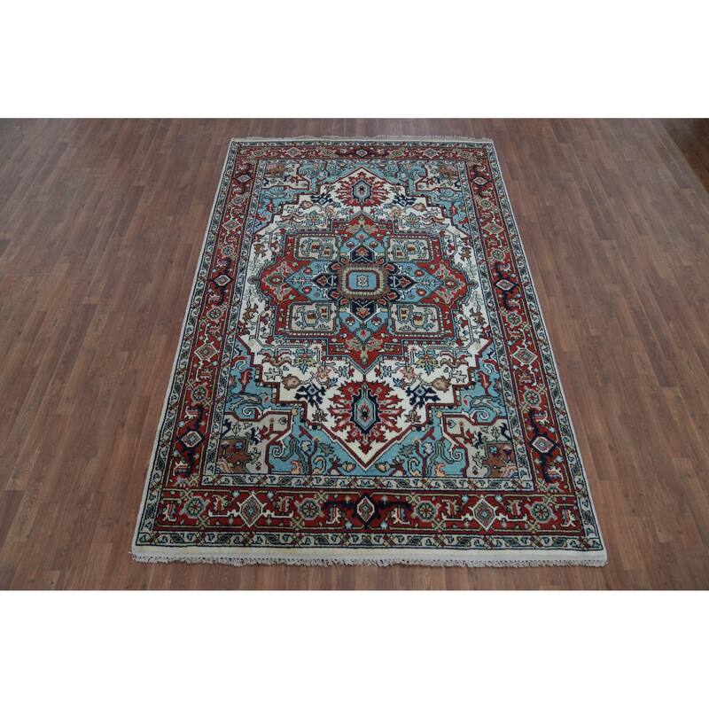 Beige Heriz Serapi Indian Rug Hand-Knotted Oriental Wool Carpet - 5'11" x 8'11"
