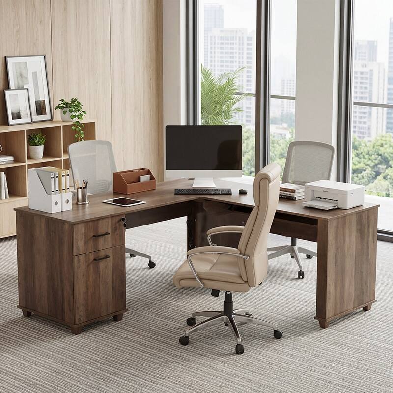71'' L-Shaped Lift Top Home Office Desk with Storage Drawers ,File Cabinet and Convenient Charging