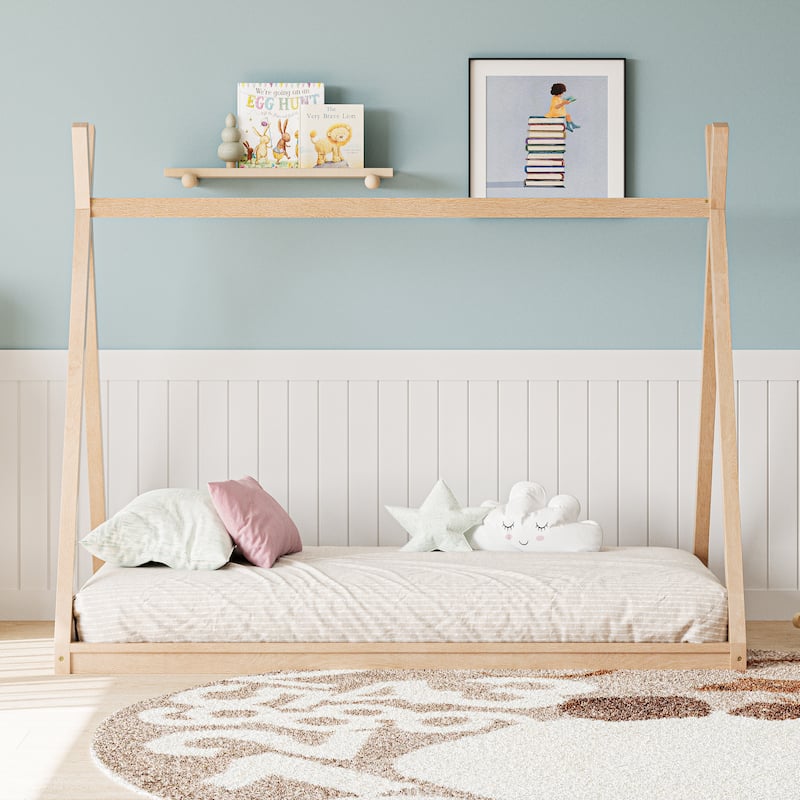 Wooden Twin House Bed Frame for Kids, Montessori-Inspired Low Platform Tent Bed with Sturdy Triangle Design