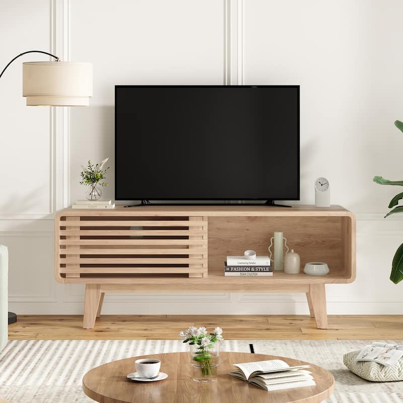 TV Stand for TV Up to 59 Inch, Entertainment Center with Storage Cabinet and Sliding Door, Mid-Modern Century Console Table