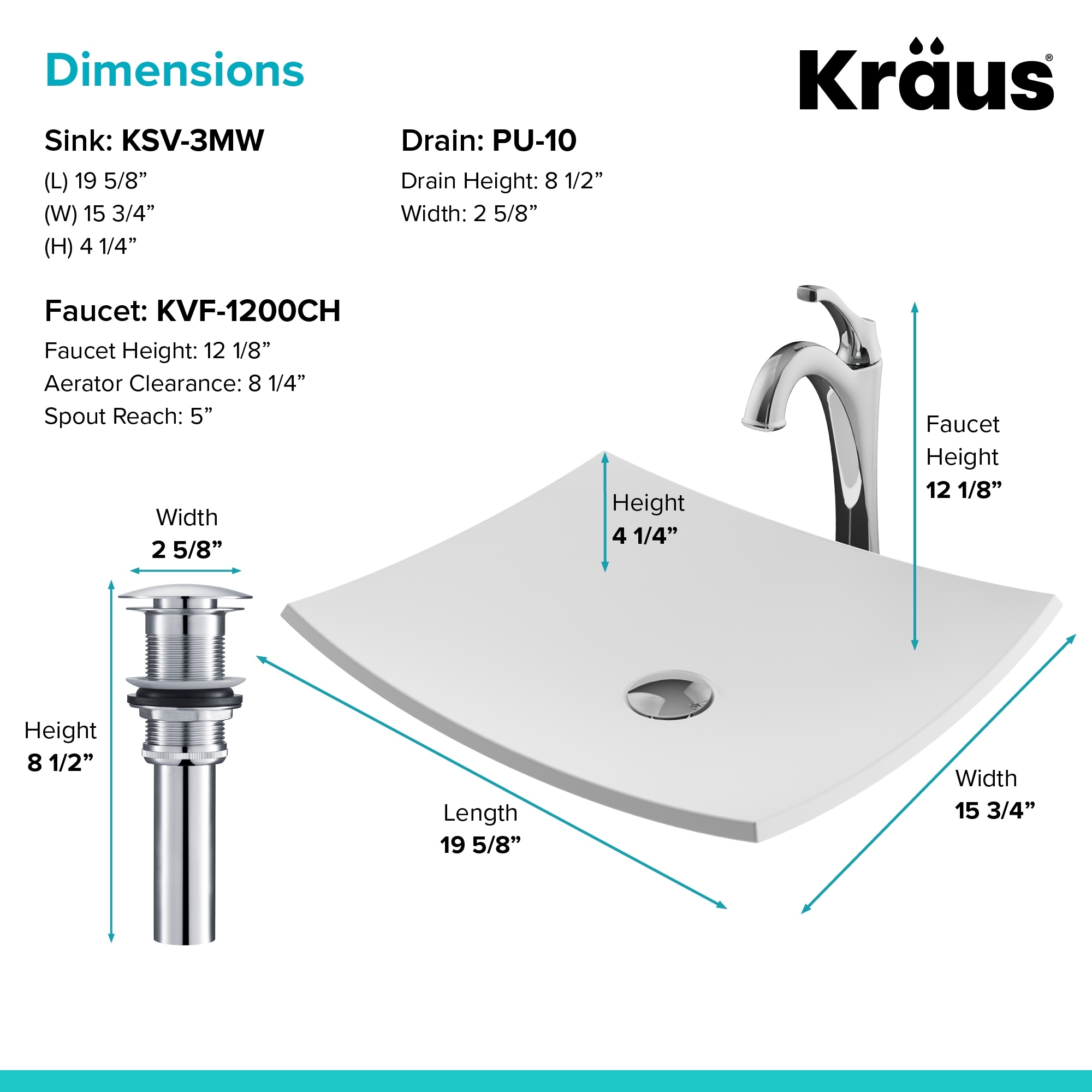 Sink Drain Height
 - Shop Kraus 3 In 1 Set White Rectangle Bathroom Sink Arlo Faucet W Drain Overstock 24215998