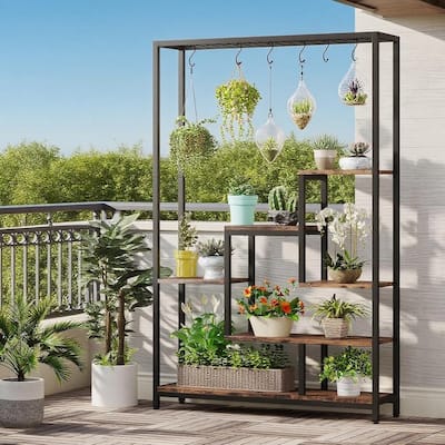 Black-Brown Metal and Particle Board 7-Shelf Ladder Plant Stand - 39.37” x 11.81” x 70.86”