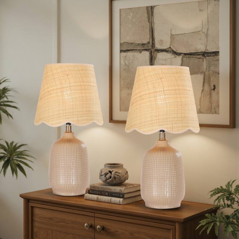 2 Pack Rustic Ceramic Accent Table Lamp with Raffia Shade