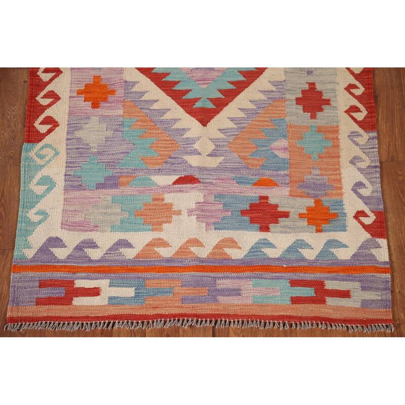 Multi-Color Reversible Kilim Area Rug Flatweave Wool Carpet - 3'2"x 4'11"