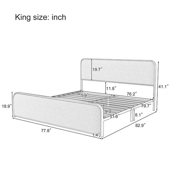 King Size Platform Bed with Beige Curved Upholstered Headboard and Footboard, Metal Slats Bed Frame with Storage Underneath