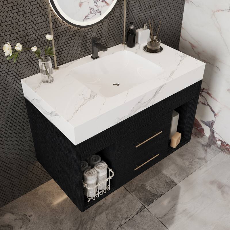 29.9" Modern Floating Bathroom Vanity with Sintered Stone Top Ceramic Undermount Sink Wall-Mounted for Small Bathrooms - Black,White