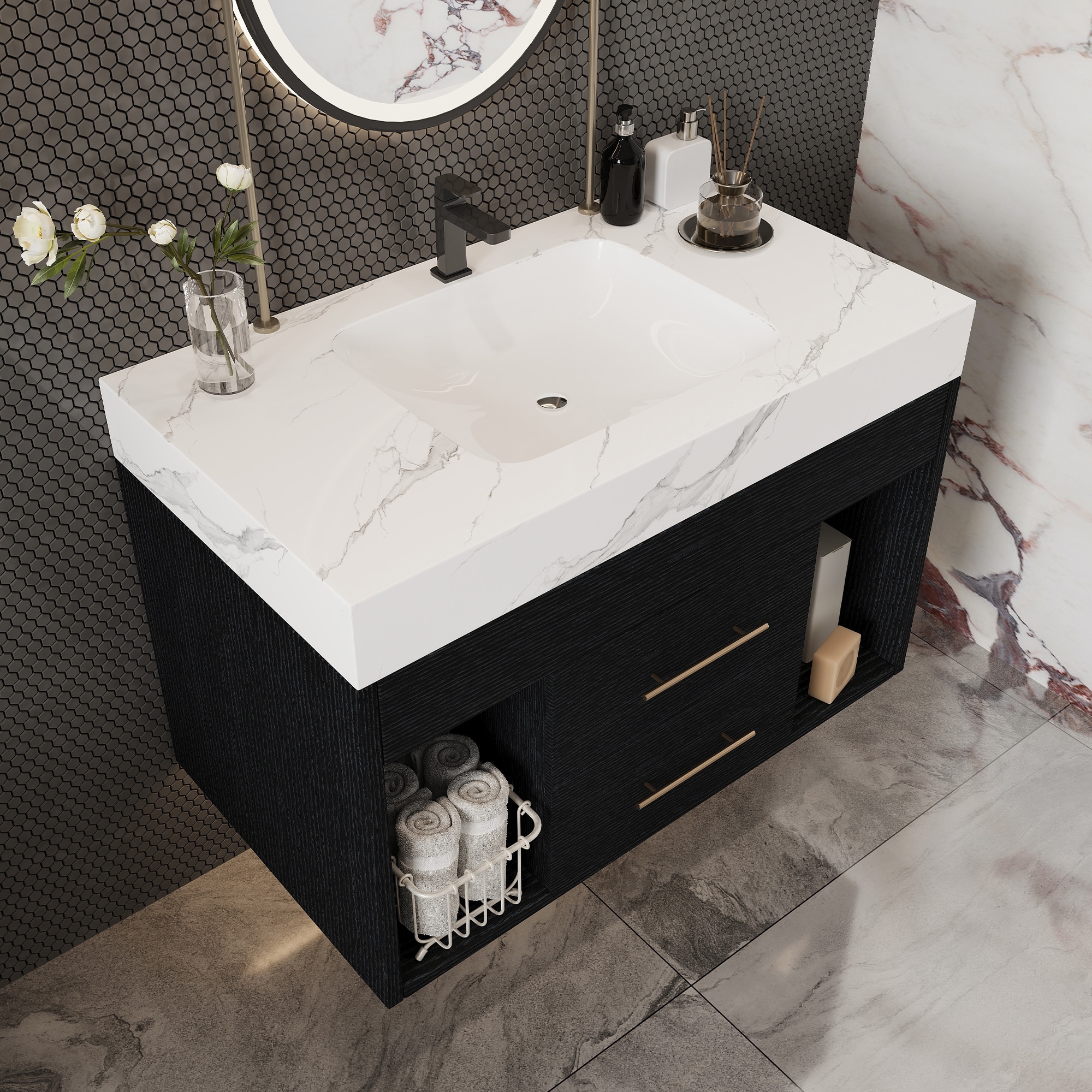 29.9"Modern Floating Bathroom Vanity with Sintered Stone Top Ceramic Undermount Sink Wall-Mounted for Small Bathrooms