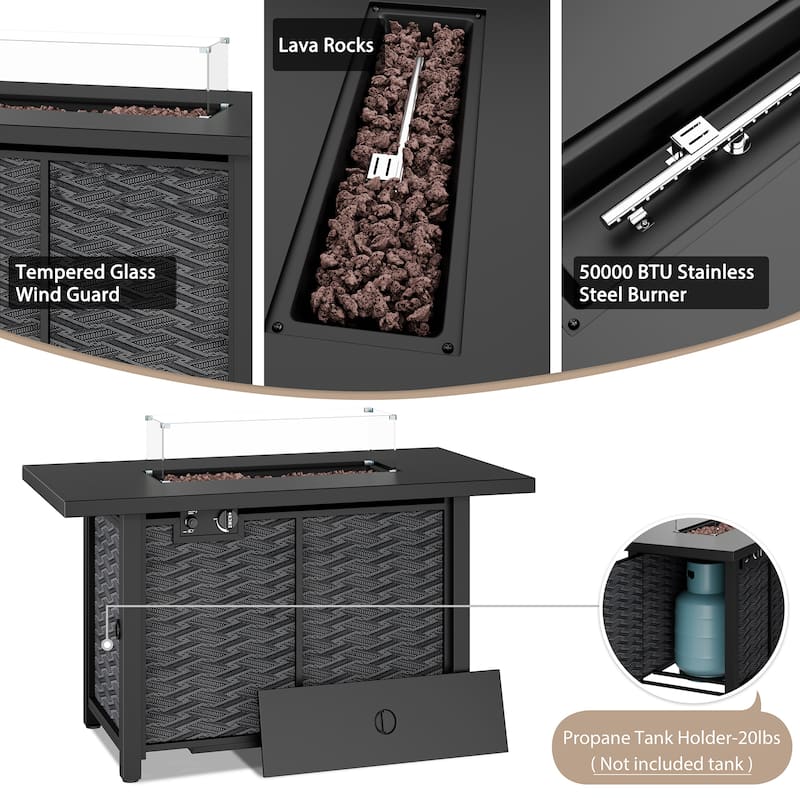 8-Piece Outdoor Patio Wicker Conversation Set with Fire Pit Table, Sectional Sofa & Cushions - N/A