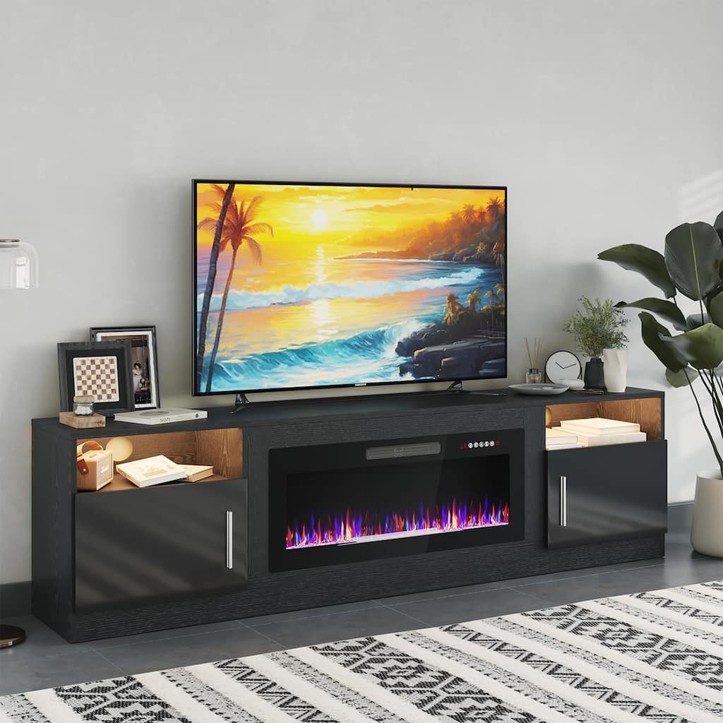 80" Modern Electric Fireplace TV Stand with 20-Color LED Lights, Fits Up to 90" TV, Adjustable Shelves & Cable Management