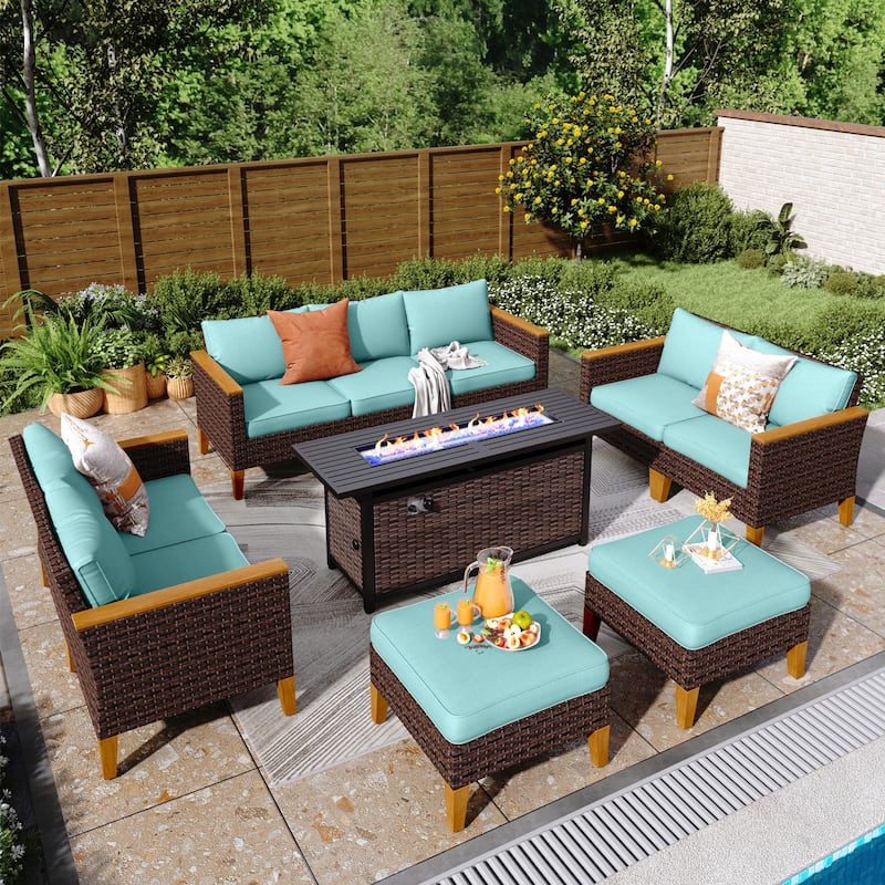 8-Piece Patio Outdoor Wicker Sectional Sofa Set, Large Seating Furniture Conversation Sets with Fire Pit Table - 9-Seat - Type Q