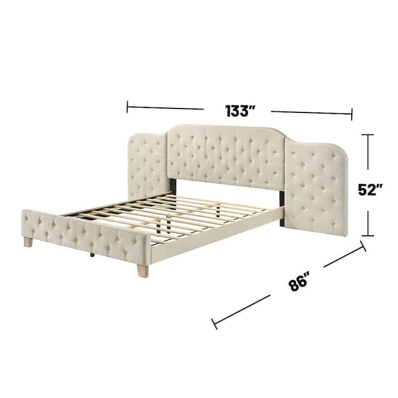 Linen Upholstered Bed with Button Tufted Headboard in Beige