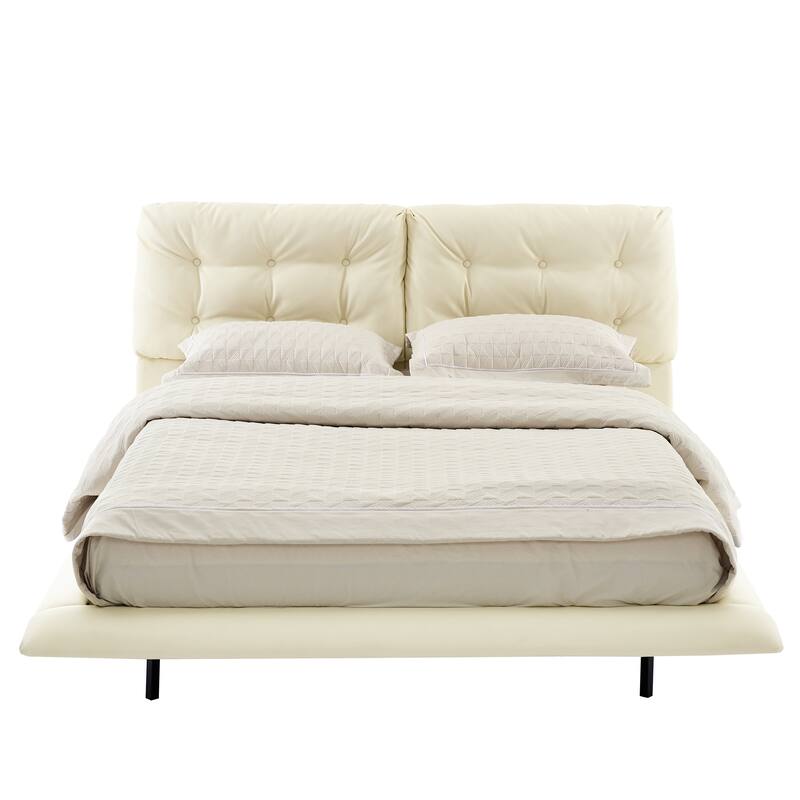 Christopher Knight Home- Lorcan PU Leather Floating Bed Frame with LED Lights and Button-Tufted Headboard