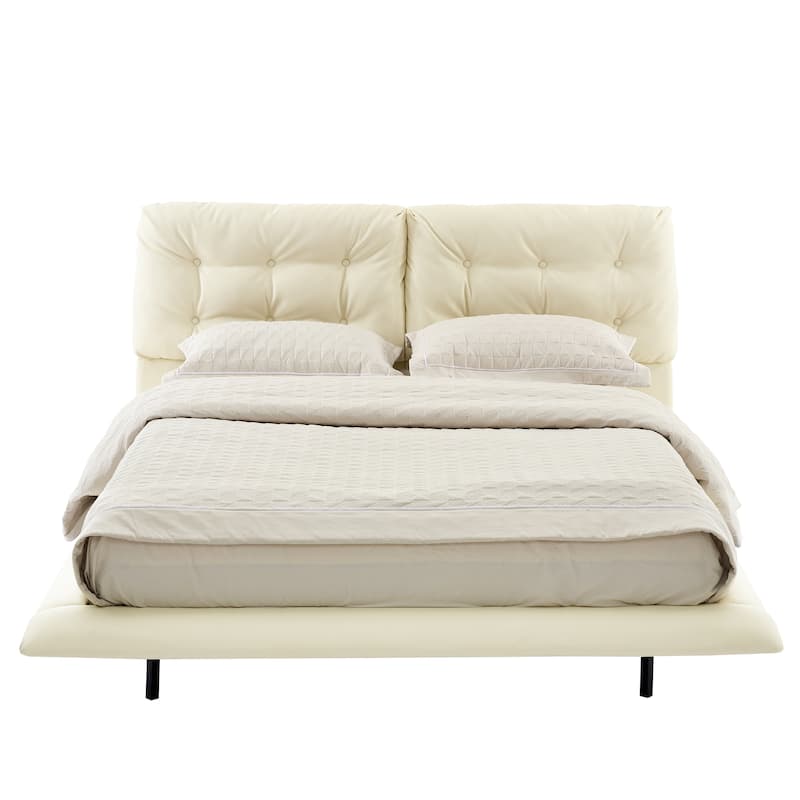 Queen Size Upholstered Floating Bed Frame with LED Lights, PU Leather Platform Bed with Button-tufted Headboard
