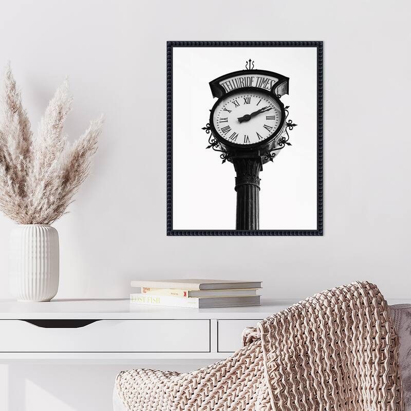 Vintage Street Clock with Marked Telluride Times by Del Mundo Imagery Framed Canvas Wall Art Print - Sylvie Beaded Black