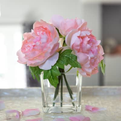 9" Tall Silk Peony Arrangement in Glass Pot,Pink - ONE-SIZE