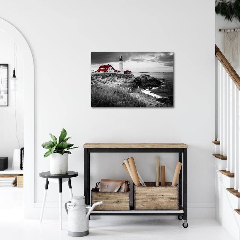 Black and White Red Wall Art Portland Lighthouse Landscape