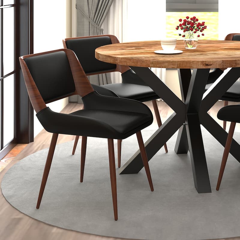 Mid-Century Modern Faux Leather, Metal and Wood Dining Chair Set of 4 - Black and Walnut
