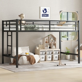 Twin Size Metal Loft Bed with Easy Climbing Ladder and Guardrails