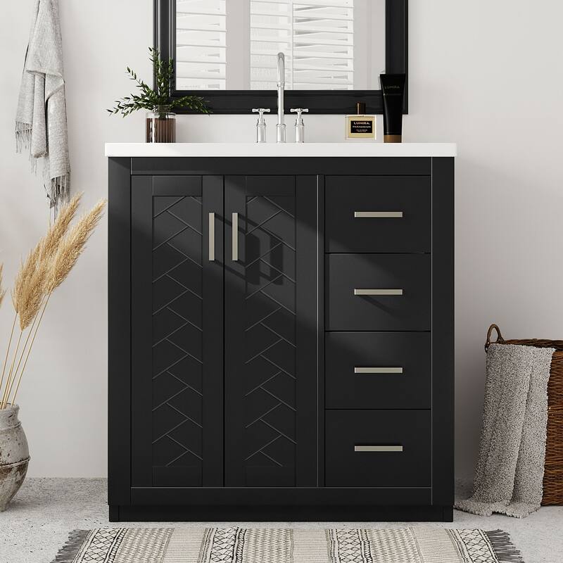 30/36'' Bathroom Vanity with Ceramic Sink Combo, Solid Wood Frame , Freestanding Vanity Set with 3 Drawers& Soft Closing Doors - 30''Black