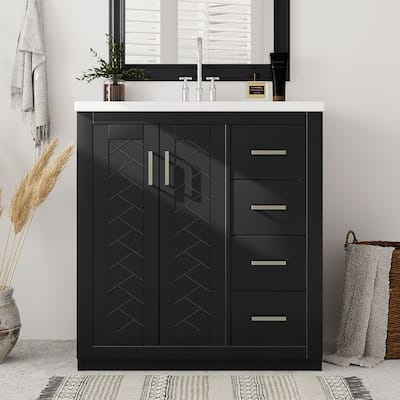 30/36'' Bathroom Vanity with Ceramic Sink Combo, Solid Wood Frame , Freestanding Vanity Set with 3 Drawers& Soft Closing Doors