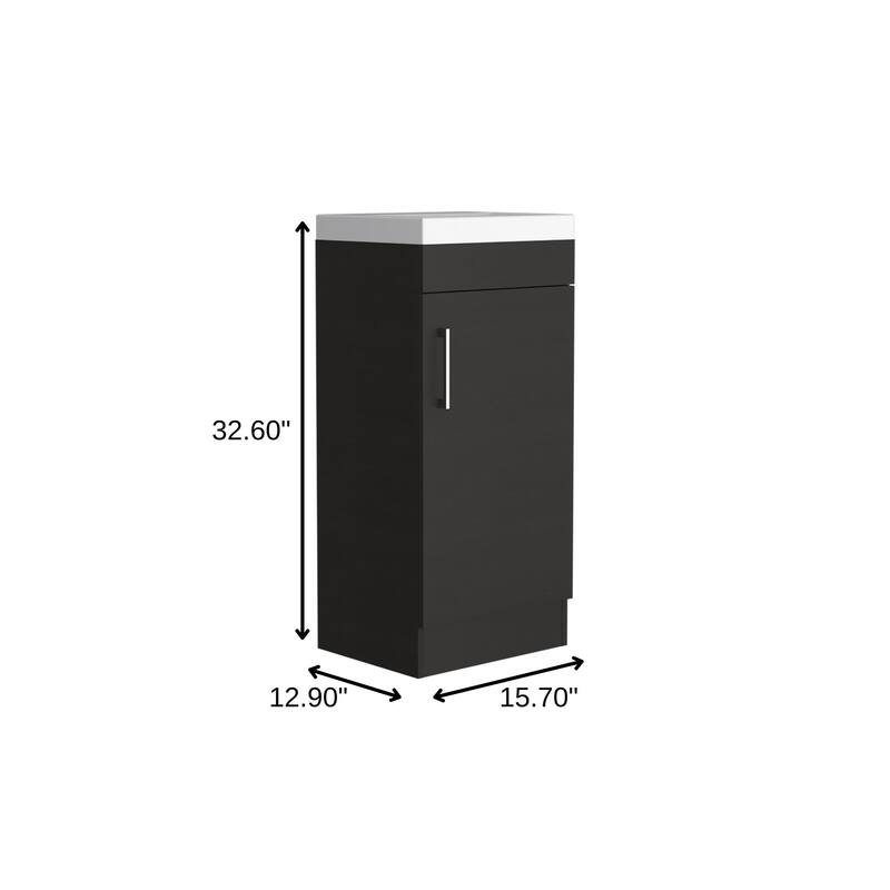 HomeRoots 16" Black Wood Freestanding Single Door Bathroom Vanity With White Sink - 15.70 in. x 32.60 in. x 12.90 in.
