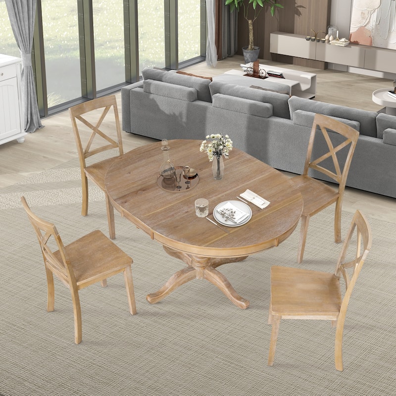 5 Piece Wood Dining Table Set, Kitchen Dining Table Set with Extendable Round Dining Table and 4 Chairs with Backrest