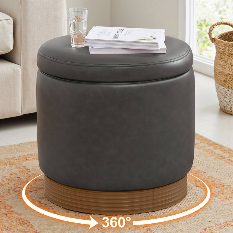 Round Swivel Storage Ottoman Footstool with Flip-top and Acacia Frame
