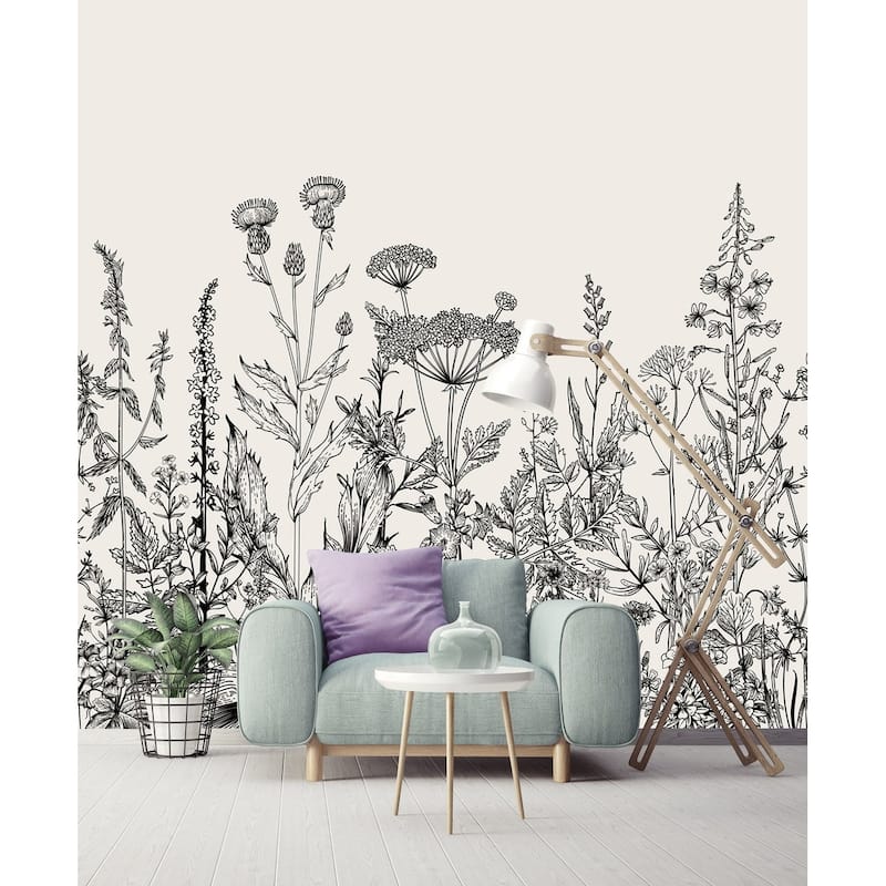 GK Wall Design Black and White Floral Garden Plants Drawing Removable Wallpaper