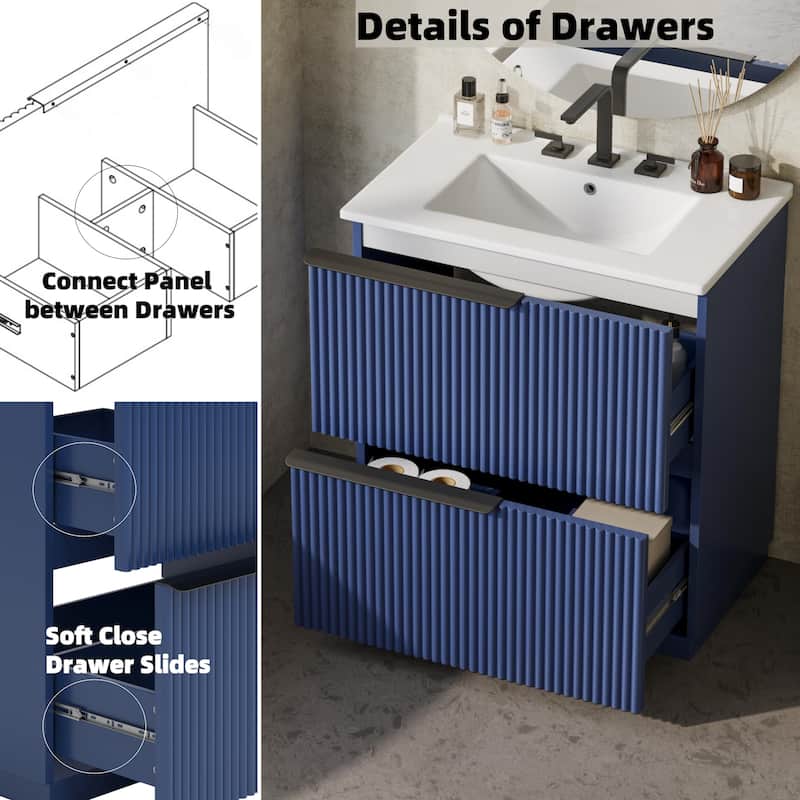 30" Bathroom Vanity with Ceramic Sink, Full-Extension Drawers, Soft Close Slides, and Fluted Design