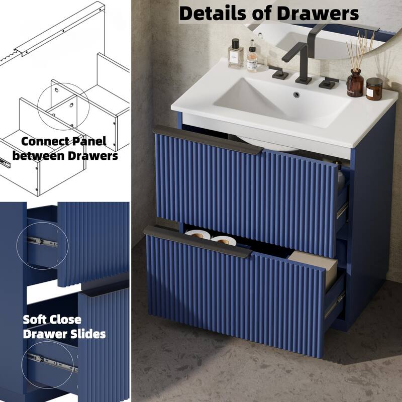 Vertical Grooves Bathroom Cabinet Storage Vanity with Ceramic Sink, Full-Extension Split Drawers and Soft Close Drawer Slides