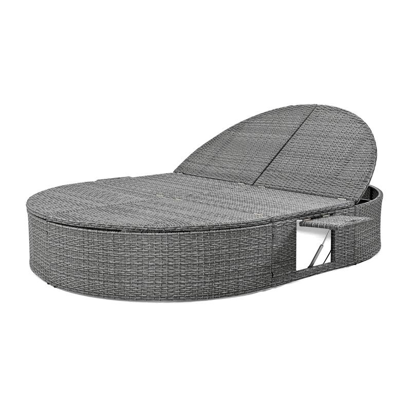 Outdoor Patio Rattan Round Daybed Sunbed with Adjustable Backrests and Foldable Cup Trays