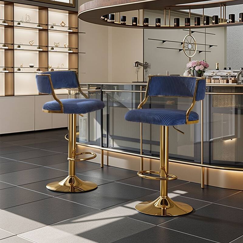 Corduroy Upholstered Adjustable Bar Stool with Gold Tone Base