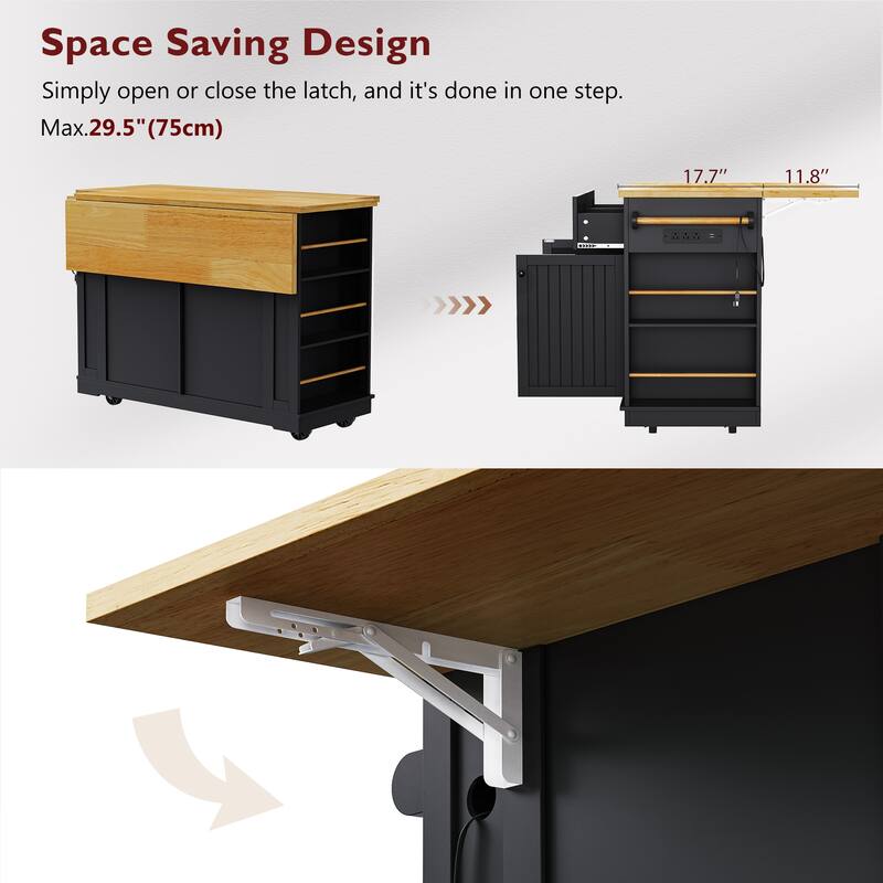 Rolling Kitchen Storage Cart on 5 Wheels with Drop Leaf,Power Outlet,Open Side Racks