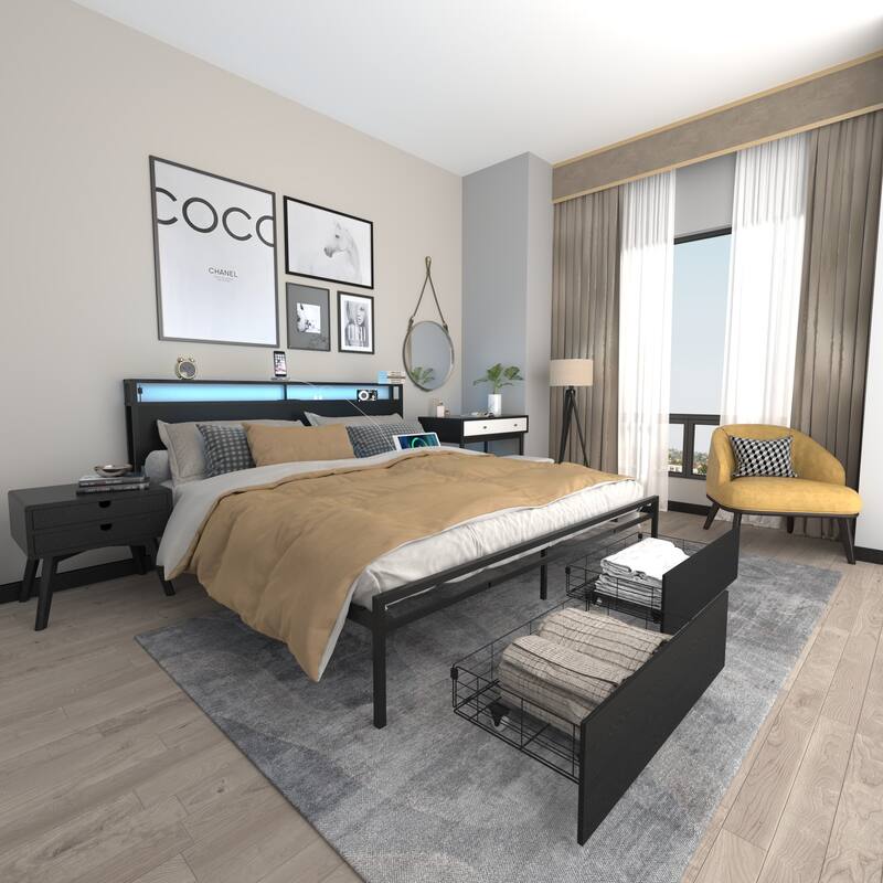 King Size Heavy Duty Metal Platform Bed with 2 Drawers, Smart LED Bed Frame, Storage Headboard with Charging Station