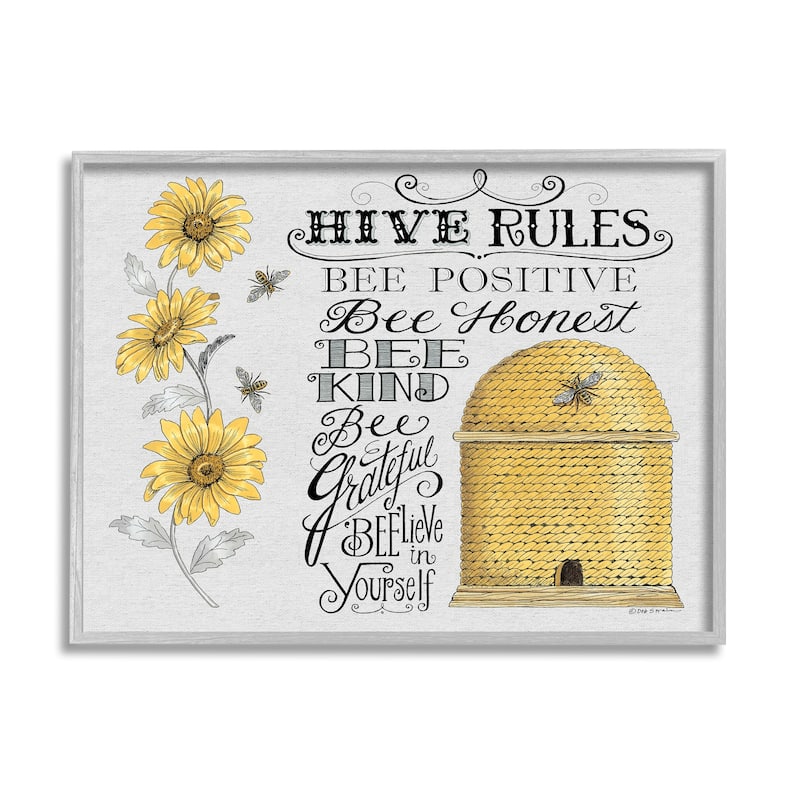 Stupell Hive Rules Motivational Phrases Bee Puns Vintage Beehive Framed Wall Art - Yellow
