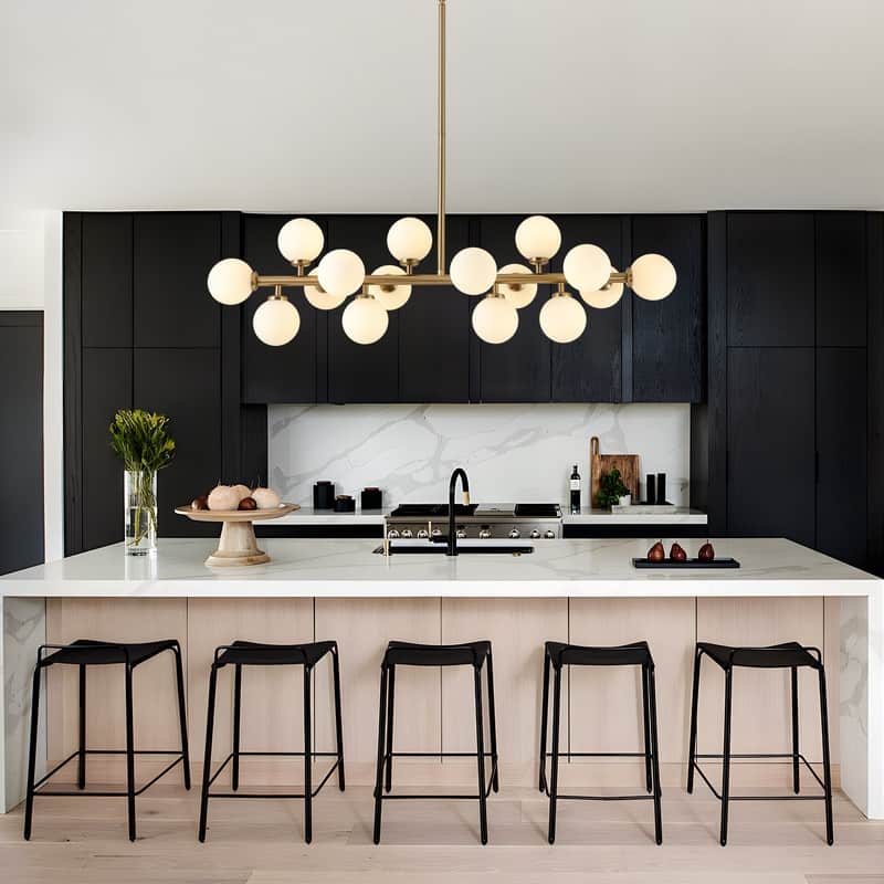 40 in. Linear Mid Century Modern Chandelier 16-Light Gold Brass Sputnik Pendant Light with Frosted Glass Globe for Dining Room