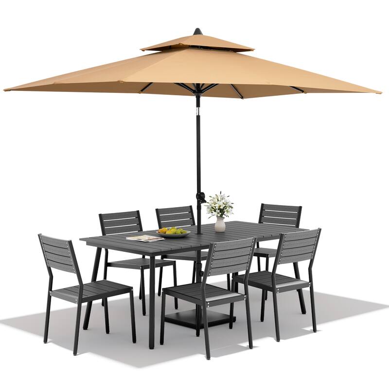 9PC Outdoor Patio Dining Set Aluminum Table with Stackable Chairs w/ Market Umbrella Set